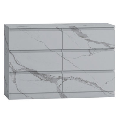 Zita White Marble Effect 6 Drawer Chest - Wide Storage Unit, (L) 40Cm X (W) 112Cm X (H) 75Cm, Stylish Bedroom Storage - image 1