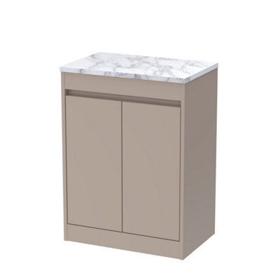 Balterley Chartley Contemporary Floor Standing 2 Door Vanity Unit With Carrera Marble Laminate Worktop, 600mm, Taupe - image 1