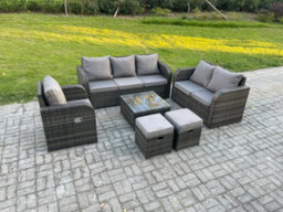 Fimous Rattan Garden Furniture 6 Piece Patio Set With Table Sofa Square Coffee Table Reclining Chair Love Seat Sofa Footstools - thumbnail 2