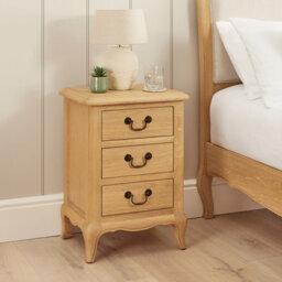 The Furniture Market French Chateau Oak Bedside Table 3 Drawer Solid Nightstand Cabriole Legs Antique Bronze Handles Natural Whitewash Finish - thumbnail 3