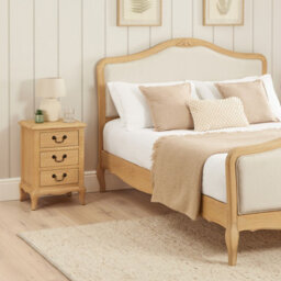 The Furniture Market French Chateau Oak Bedside Table 3 Drawer Solid Nightstand Cabriole Legs Antique Bronze Handles Natural Whitewash Finish - thumbnail 4