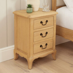 The Furniture Market French Chateau Oak Bedside Table 3 Drawer Solid Nightstand Cabriole Legs Antique Bronze Handles Natural Whitewash Finish - thumbnail 5