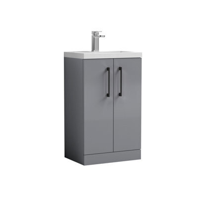 Balterley Bramshall Compact Bathroom Cloakroom Vanity Basin Unit With Polymarble Basin, Black Handles, 500mm, Satin Grey - image 1