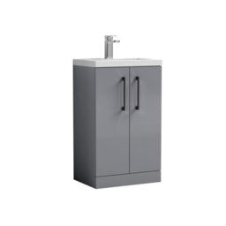 Balterley Bramshall Compact Bathroom Cloakroom Vanity Basin Unit With Polymarble Basin, Black Handles, 500mm, Satin Grey
