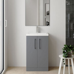 Balterley Bramshall Compact Bathroom Cloakroom Vanity Basin Unit With Polymarble Basin, Black Handles, 500mm, Satin Grey - thumbnail 2