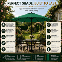 Glamhaus Garden Parasol Table Umbrella 2.7M With Crank Handle, Uv40 Protection, Includes Protection Cover, Robust Steel - Green - thumbnail 8