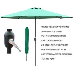 Glamhaus Garden Parasol Table Umbrella 2.7M With Crank Handle, Uv40 Protection, Includes Protection Cover, Robust Steel - Green - thumbnail 2
