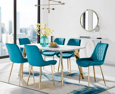 Furniturebox Andria White Marble Effect & Gold Leg Dining Table & 6 Blue Pesaro Gold Leg Velvet Dining Chairs - image 1