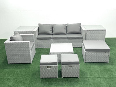 Fimous Garden Outdoor Furniture Set 7 Seater Rattan Sofa Set 3 Stools Armchair 2 Side Tables Light Grey - image 1