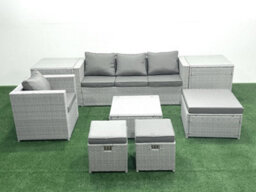 Fimous Garden Outdoor Furniture Set 7 Seater Rattan Sofa Set 3 Stools Armchair 2 Side Tables Light Grey