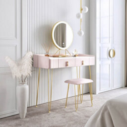 CARME Home Tokyo Glow Ballerina Pink Velvet Dressing Table With Led Touch Sensor Mirror