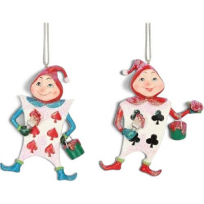 Gisela Graham Christmas Set Of 2 Playing Card Men Hanging Tree Decorations, Alice In Wonderland Themed, 10 X 7 Cm Each