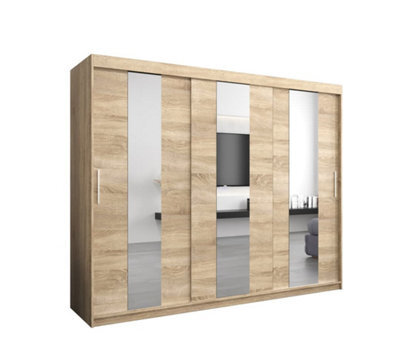 Arte Stylish Oak Sonoma Pole Sliding Door Wardrobe W2500mm H2000mm D620mm - Mirrored Storage With Silver Handles - image 1