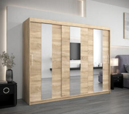 Arte Stylish Oak Sonoma Pole Sliding Door Wardrobe W2500mm H2000mm D620mm - Mirrored Storage With Silver Handles - thumbnail 2