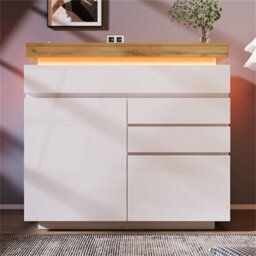 Abrihome High-Gloss White Sideboard Cabinet With Rgb Led Lights, 2 Doors & 3 Drawers, Multi-Purpose Storage For Living Room, 115X110X39Cm - thumbnail 9