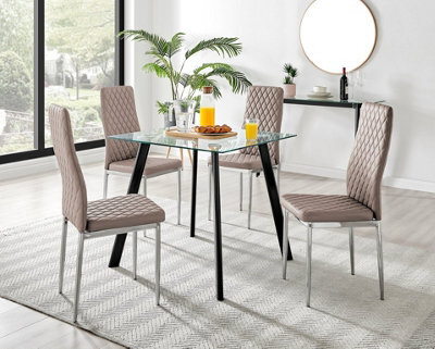 Furniturebox Seattle Scandi Inspired Glass And Black Metal Leg Square Dining Table & 4 Beige Milan Faux Leather Silver Leg Chairs - image 1