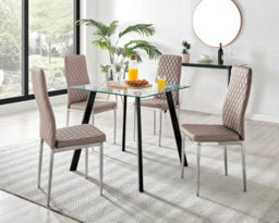 Furniturebox Seattle Scandi Inspired Glass And Black Metal Leg Square Dining Table & 4 Beige Milan Faux Leather Silver Leg Chairs