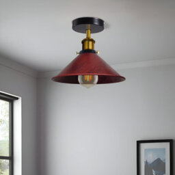 Vintage Semi Flush Mount Ceiling Light With E27 Base 22Cm Metal Cone Shade For Kitchen, Living Room Rustic Red With Bulb - thumbnail 2
