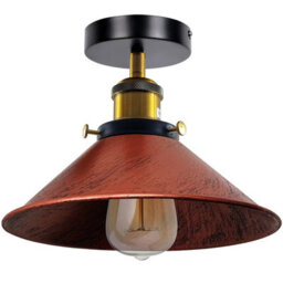 Vintage Semi Flush Mount Ceiling Light With E27 Base 22Cm Metal Cone Shade For Kitchen, Living Room Rustic Red With Bulb