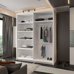 M N Furniture Ltd Wardrobe With Led Light, Sliding Mirror Doors, Shelves, Hanging Rails - Modern Bedroom Cabinet (White,150Cm) - thumbnail 2