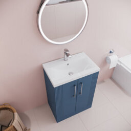 Balterley Belvide Partial Fluted 2 Door Floor Standing Vanity Unit With Mid-Edge 1 Tap Hole Ceramic Basin - 600mm - Satin Blue - thumbnail 3
