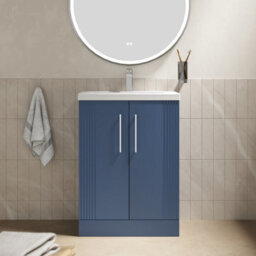 Balterley Belvide Partial Fluted 2 Door Floor Standing Vanity Unit With Mid-Edge 1 Tap Hole Ceramic Basin - 600mm - Satin Blue - thumbnail 2