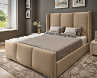 UKBEDFURNITURE Miami Wingback Beige Plush Valvet Upholstered Bed Frame Only - Slatted Base - 48 Inch Headboard - image 1