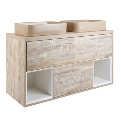 Homestylestore Light Oak 1200mm Led Lit Wall Hung Bathroom Vanity Unit Rectangular Sand Countertop Basins Open Shelves - image 1