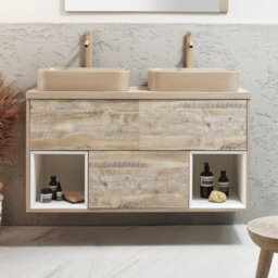 Homestylestore Light Oak 1200mm Led Lit Wall Hung Bathroom Vanity Unit Rectangular Sand Countertop Basins Open Shelves - thumbnail 2