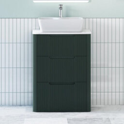 Royal Bathrooms Avenza 600mm Deep Moss Green Floor Standing Countertop Bathroom Vanity Unit 3 Drawer With Cube Basin - thumbnail 1