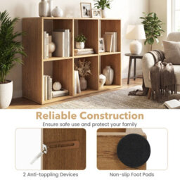 Costway 6-Cube Bookshelf 3-Tier Cubby Bookcase With Back Guardrail & Anti-Tipping Kits-Natural - thumbnail 6