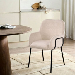 Wyld And Coco Bouclé Dining Chair Light Beige With Black Iron Base - Compact Retro-Modern Dining Seat - thumbnail 2