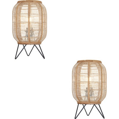 Loops 2 Pack Natural Linen & Natural Bamboo Table Lamp - Matt Black Shade - 335mm Tall Light - 10W Led E27 - image 1