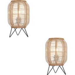 Loops 2 Pack Natural Linen & Natural Bamboo Table Lamp - Matt Black Shade - 335mm Tall Light - 10W Led E27
