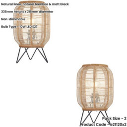 Loops 2 Pack Natural Linen & Natural Bamboo Table Lamp - Matt Black Shade - 335mm Tall Light - 10W Led E27 - thumbnail 2