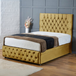 Bsspoke Mustard Velvet Divan Bed Chesterfield End Lift Up Ottoman Storage With Mattress 54Inch Headboard & Footboard All Sizes - thumbnail 1