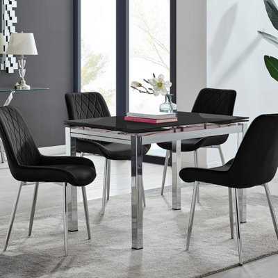 Furniturebox Uk Enna Black Glass Extending Dining Table And 4 Black Pesaro Silver Leg Chairs - image 1