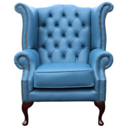Chesterfield High Back Wing Chair Soft Vele Cambridge Blue Leather In Queen Anne Style - thumbnail 4
