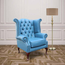 Chesterfield High Back Wing Chair Soft Vele Cambridge Blue Leather In Queen Anne Style - thumbnail 1