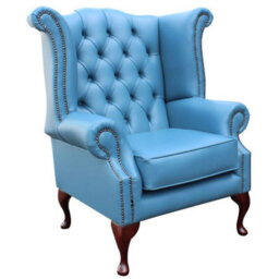 Chesterfield High Back Wing Chair Soft Vele Cambridge Blue Leather In Queen Anne Style - thumbnail 2