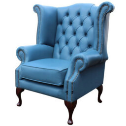 Chesterfield High Back Wing Chair Soft Vele Cambridge Blue Leather In Queen Anne Style - thumbnail 3
