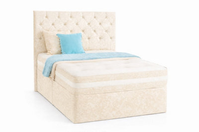 Comfy Deluxe Cream Crush Velvet Chesterfield Divan Bed Floorstanding Headboard 5Ft King Size Bed Set With 2 Drawers One On Each Side