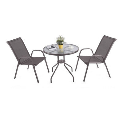 Urbn-Living Urbnliving 3 Piece Garden Bistro Set Round Glass Table & 2 Chairs Outdoor Patio Balcony Furniture - Brown - image 1