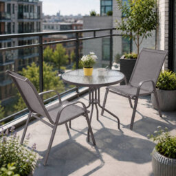 Urbn-Living Urbnliving 3 Piece Garden Bistro Set Round Glass Table & 2 Chairs Outdoor Patio Balcony Furniture - Brown - thumbnail 2