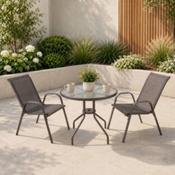 Urbn-Living Urbnliving 3 Piece Garden Bistro Set Round Glass Table & 2 Chairs Outdoor Patio Balcony Furniture - Brown - thumbnail 3