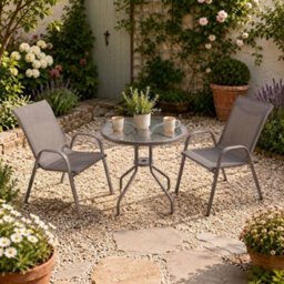 Urbn-Living Urbnliving 3 Piece Garden Bistro Set Round Glass Table & 2 Chairs Outdoor Patio Balcony Furniture - Brown - thumbnail 6