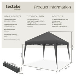 Tectake Gazebo Linosa - 3 X 3 M, Foldable, Water-Resistant, Uv Protection 300 X 300 X 255 Cm - Grey - thumbnail 6