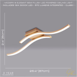Happy Homewares Modern Double Wavy Strip Flush Led Powered Ceiling Light Fitting In Gold Sand - thumbnail 5