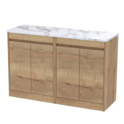 Balterley Chartley Contemporary Floor Standing 4 Door Vanity Unit With Carrera Marble Laminate Worktop, 1200mm, Autumn Oak