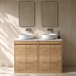 Balterley Chartley Contemporary Floor Standing 4 Door Vanity Unit With Carrera Marble Laminate Worktop, 1200mm, Autumn Oak - thumbnail 2